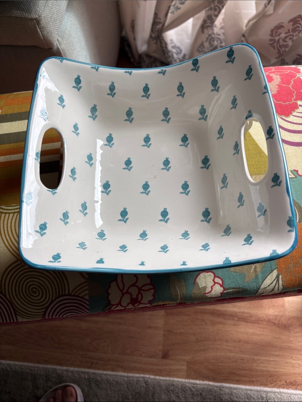 Ceramic Serving Bowl with Teal Floral Pattern